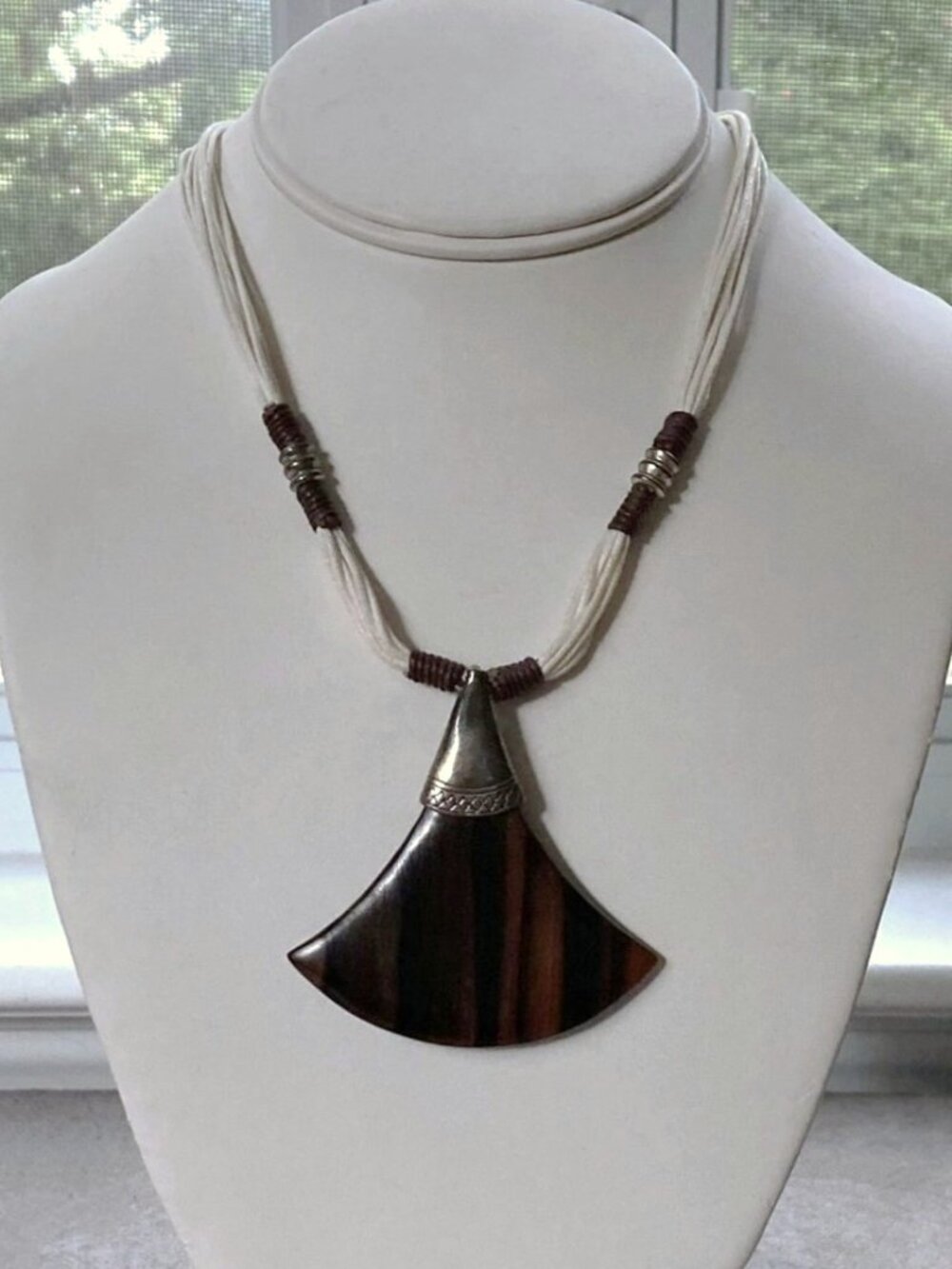 Claude Dasque France, Wood Pendant Necklace, Sterling Silver, Multi Cord, Signed